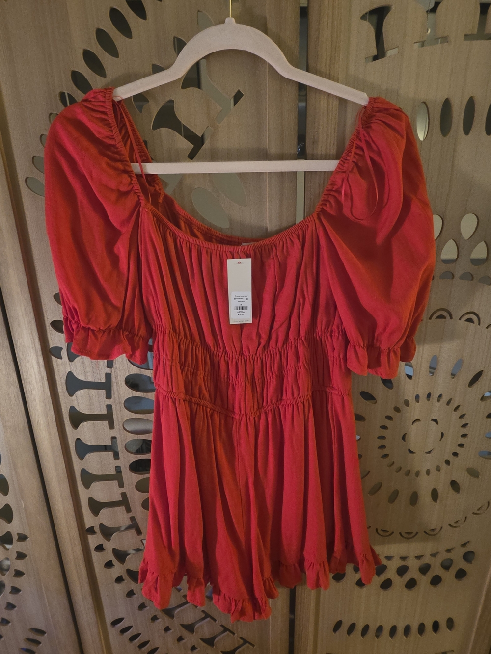 Blue Rain Red Puff-Sleeve Romper